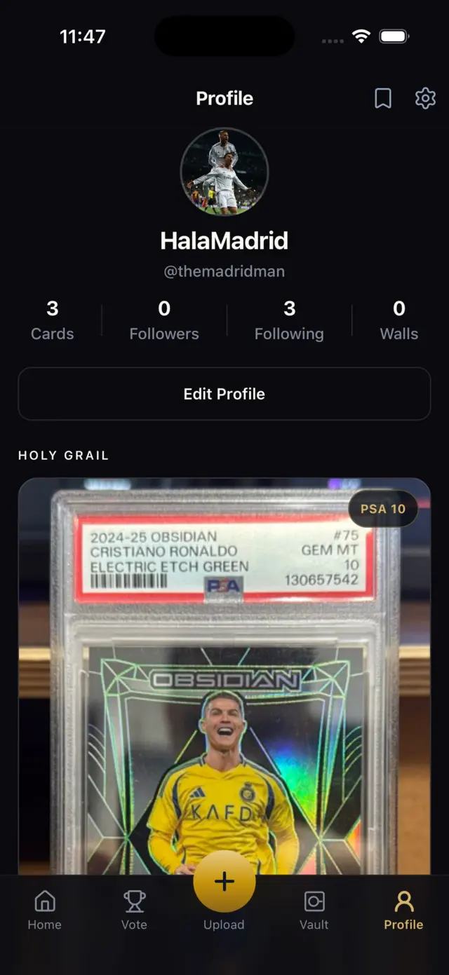 A collector profile with follower counts and a Holy Grail plaque showing a PSA 10 slab.